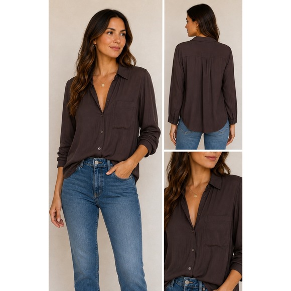Evereve Tops - Evereve Womens Chocolate Brown Button Down Long Sleeve Blouse Shirt Size M